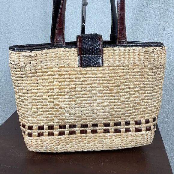 Brighton Straw Raffia Woven Handbag Brown Croc Double Strap Tote Shopper Tan - Picture 7 of 16